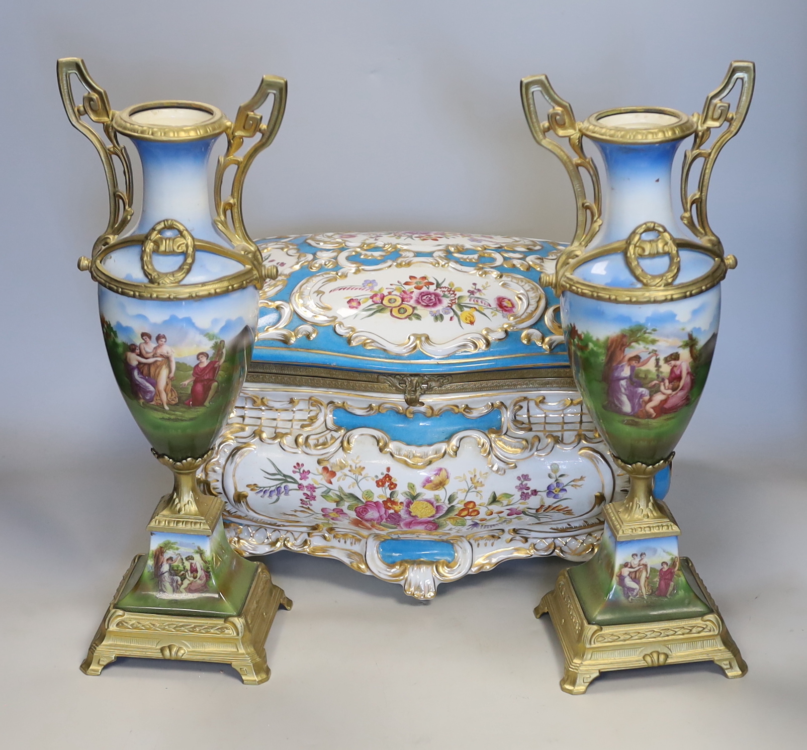 A pair of Vienna style gilt metal mounted vases and a large Sevres style porcelain casket and cover, vase height 39cm (3)